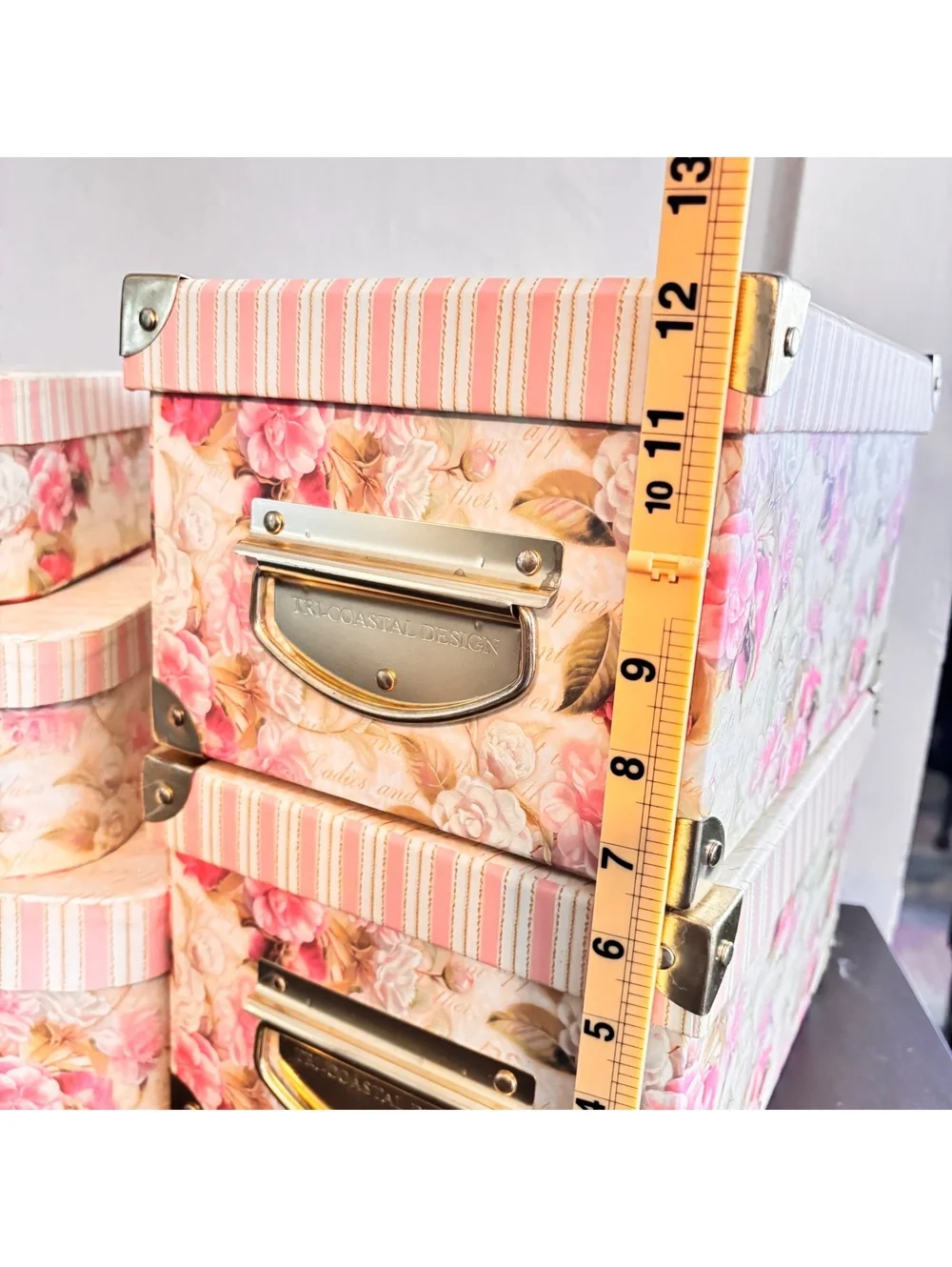 Set of 5 Decorative Floral Storage Boxes with Vintage Style Handles and StripedL